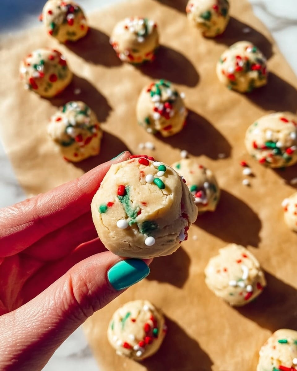 The image shows a close-up of round cookie dough balls decorated with small red, green, and white round sprinkles scattered throughout. A woman's hand with teal-colored nail polish holds one dough ball in the foreground, showing its soft texture with visible sprinkles inside. In the background, many similar dough balls lie on light brown parchment paper, casting soft shadows. The surface beneath the parchment paper is a white marbled texture under bright natural light. photo taken with an iphone --ar 4:5 --v 7