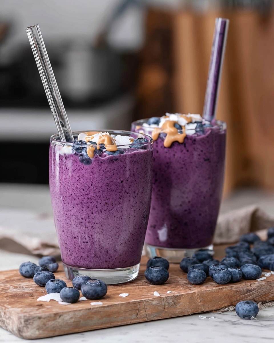 Two clear glasses filled with thick purple blueberry smoothie, each topped with a few fresh blueberries, small white coconut flakes, and a drizzle of light brown peanut butter. One glass has a clear glass straw, and the other has a dark purple straw. The glasses sit on a wooden board scattered with fresh blueberries on a white marbled surface. The background is softly blurred with a kitchen setting. photo taken with an iphone --ar 4:5 --v 7