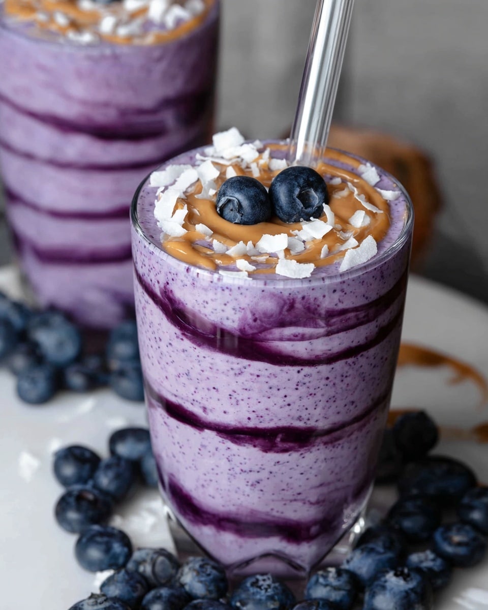 A glass filled with a creamy purple smoothie showing visible specks, layered with thin dark purple swirls inside, topped with two fresh blueberries, white coconut flakes, and a drizzle of light brown peanut butter. A clear straw is placed inside the glass leaning to one side. The glass sits on a white marbled textured surface scattered with fresh blueberries around its base. Another similar glass with the same smoothie is visible slightly blurred in the background. photo taken with an iphone --ar 4:5 --v 7