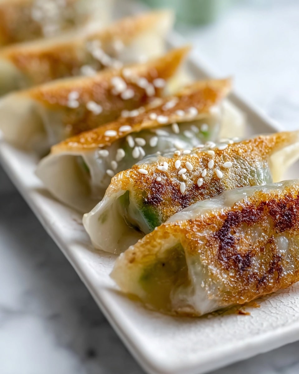 A close-up view of five pan-fried dumplings arranged in a row on a white rectangular plate, placed on a white marbled surface. Each dumpling has a translucent, slightly wrinkled skin with visible golden-brown crispy patches on the top side, showing a crunchy texture. Inside the translucent wrapper, faint hints of green and other filling colors are visible. Lightly sprinkled white sesame seeds decorate the top of the dumplings, adding texture and contrast. The background is softly blurred, emphasizing the dumplings' details. photo taken with an iphone --ar 4:5 --v 7