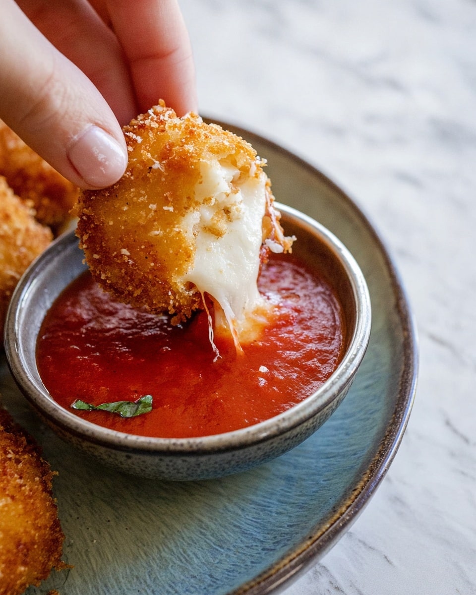 A close-up image shows a woman's hand dipping a golden, crispy breaded nugget with melted white cheese oozing out into a small bowl of rich, smooth red marinara sauce. The bowl sits on a round white ceramic plate with a subtle blue-gray glaze, contrasting with the bright red sauce. The background is a white marbled texture. Photo taken with an iphone --ar 4:5 --v 7