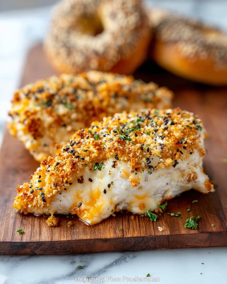 The image shows two pieces of baked chicken breast on a wooden board. Each piece has two layers: the bottom layer is white and orange melted cheese, looking creamy and gooey, while the top layer is a golden-brown crunchy breadcrumb crust mixed with herbs and black sesame seeds. Small green herb pieces are sprinkled on and around the chicken. In the background, two bagels with a similar herb and seed topping are slightly out of focus. The photo is bright with natural light and a white marbled texture surface under the board. Photo taken with an iphone --ar 4:5 --v 7
