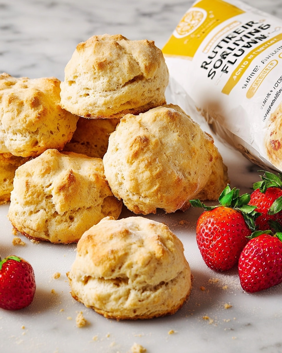 The image shows a group of seven golden-brown biscuits with a rough, crumbly texture arranged on a white marbled surface, some touching each other and some apart. They look soft and fluffy with slightly cracked tops. Among the biscuits are three fresh red strawberries with green leafy tops. On the right side, there is a white bag of self-rising flour with yellow accents, leaning against the biscuits and strawberries. The whole scene is well lit, highlighting the biscuits' warm tones and the strawberries' bright red color. Photo taken with an iphone --ar 4:5 --v 7