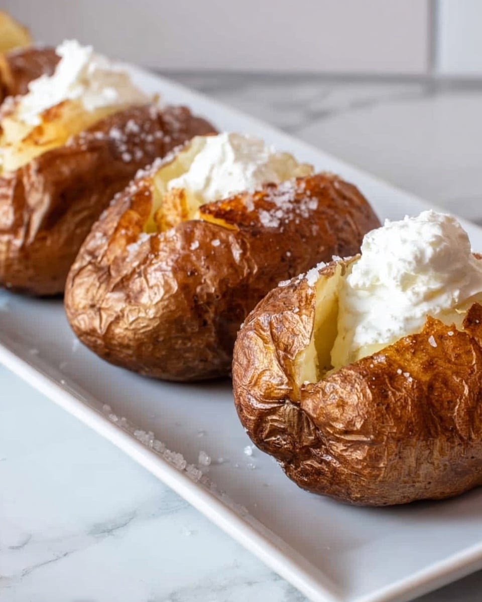 The image shows a line of four baked potatoes with wrinkled, dark brown skins placed on a long white plate. Each potato is sliced open at the top, revealing soft, fluffy white insides. A dollop of white sour cream sits on top of the soft potato inside each skin. The potatoes are sprinkled with coarse salt, adding a sparkling texture to the skins. The plate rests on a white marbled surface, giving a clean and bright background to the warm, crispy potatoes. Photo taken with an iphone --ar 4:5 --v 7