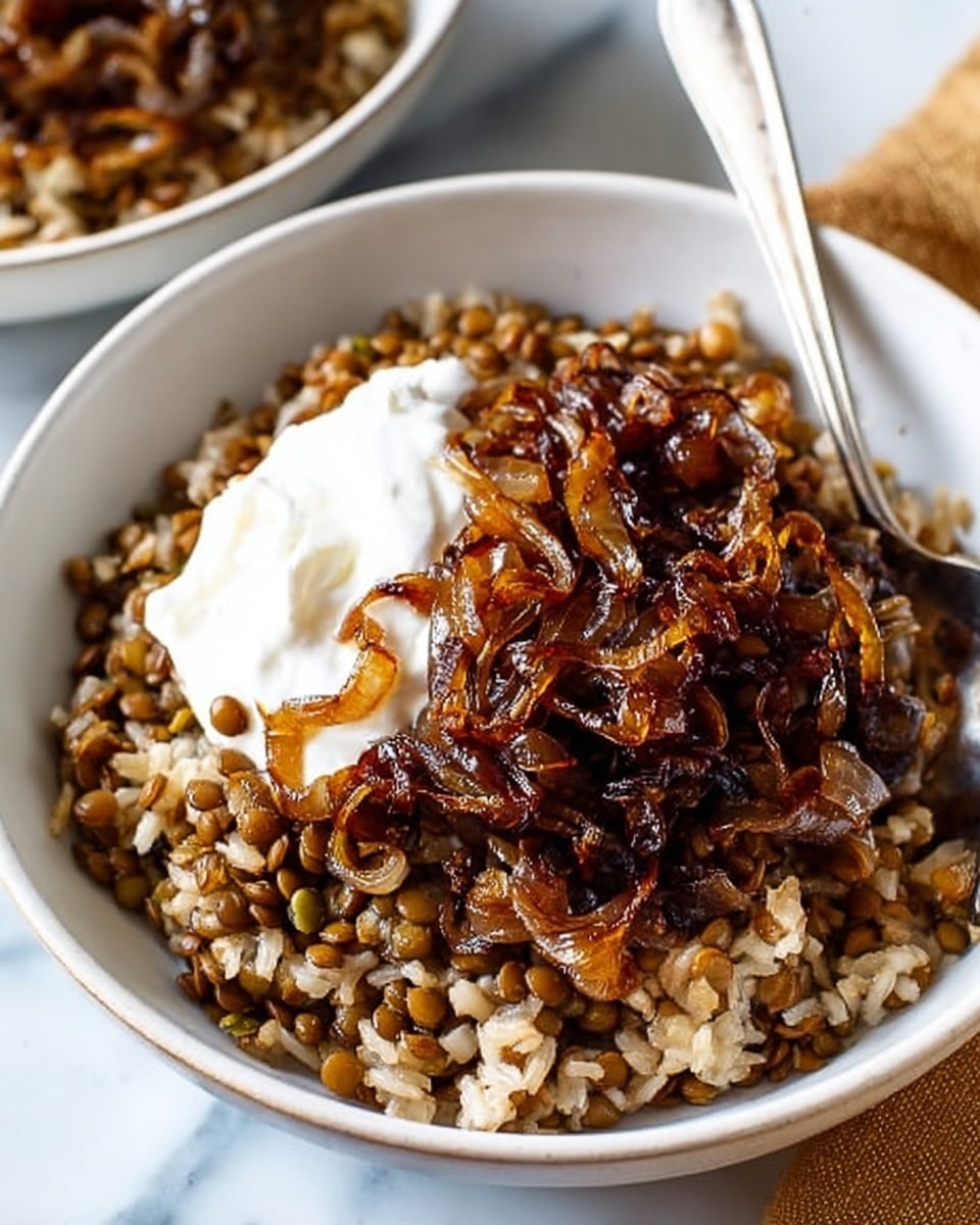 A close-up view of a white bowl filled with a layered dish starting with a base of evenly mixed brown rice and green lentils. On top of this base, there is a generous layer of dark caramelized onions with a rich, glossy texture and slightly crispy edges. At the very top, there is a dollop of white creamy yogurt, slightly melting into the onions. The bowl sits on a white marbled surface, and a spoon is partially inserted into the dish from the right side. Nearby, part of another bowl with the same dish appears at the top left corner, and a woman's hand holding a white spoon is visible on the left side gently reaching towards the bowl. Photo taken with an iphone --ar 4:5 --v 7