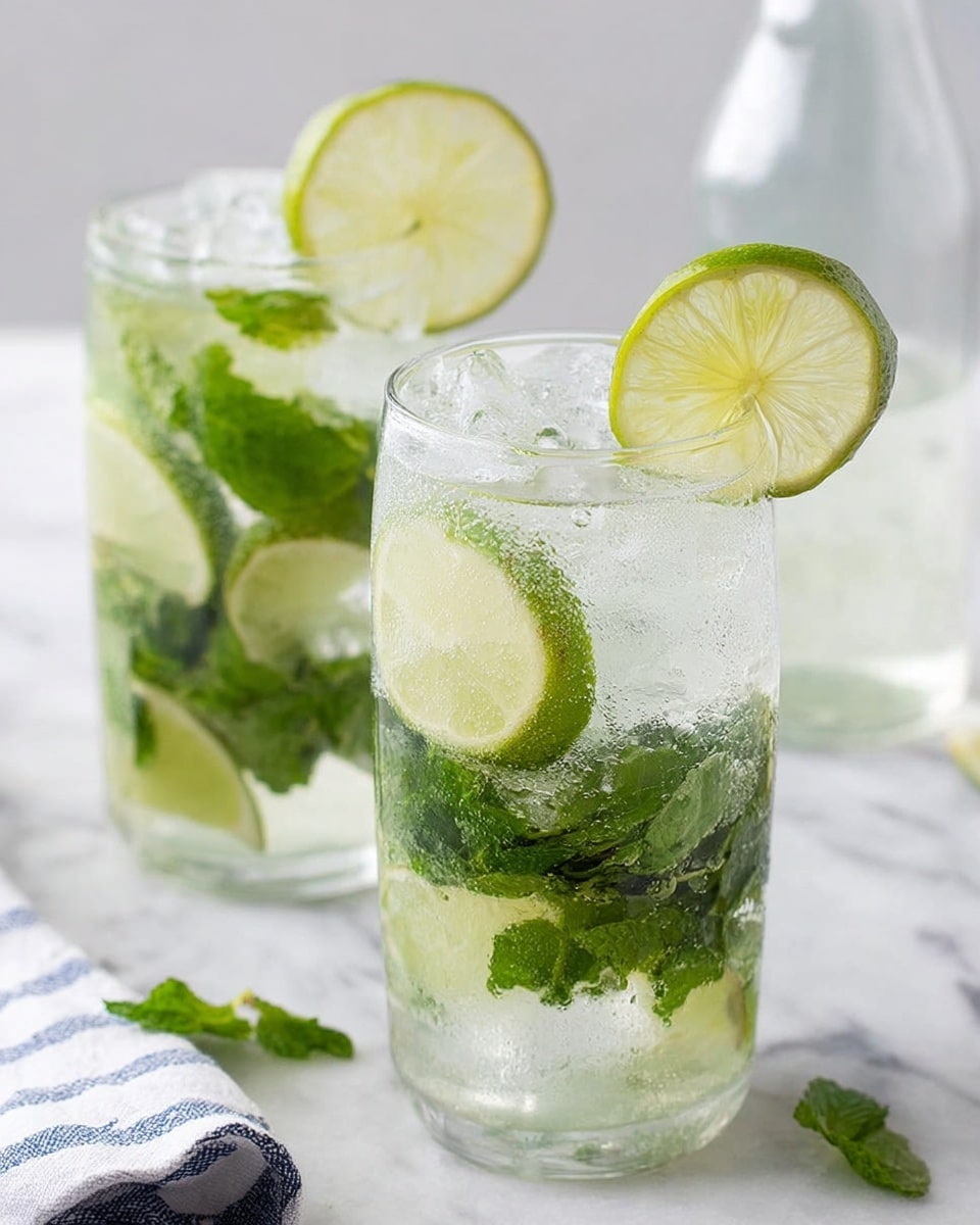 Two clear glasses filled with a refreshing mojito drink sit on a white marbled surface. Each glass contains visible layers starting from crushed ice at the bottom, followed by bright green mint leaves with tiny bubbles on them, and fresh lime slices layered inside. One lime slice is placed on the rim of each glass, showing a bright green and pale yellow gradient. The background includes a small clear bottle and a white and blue striped cloth, both softly out of focus. A small mint leaf lies near the glass in the foreground. photo taken with an iphone --ar 4:5 --v 7