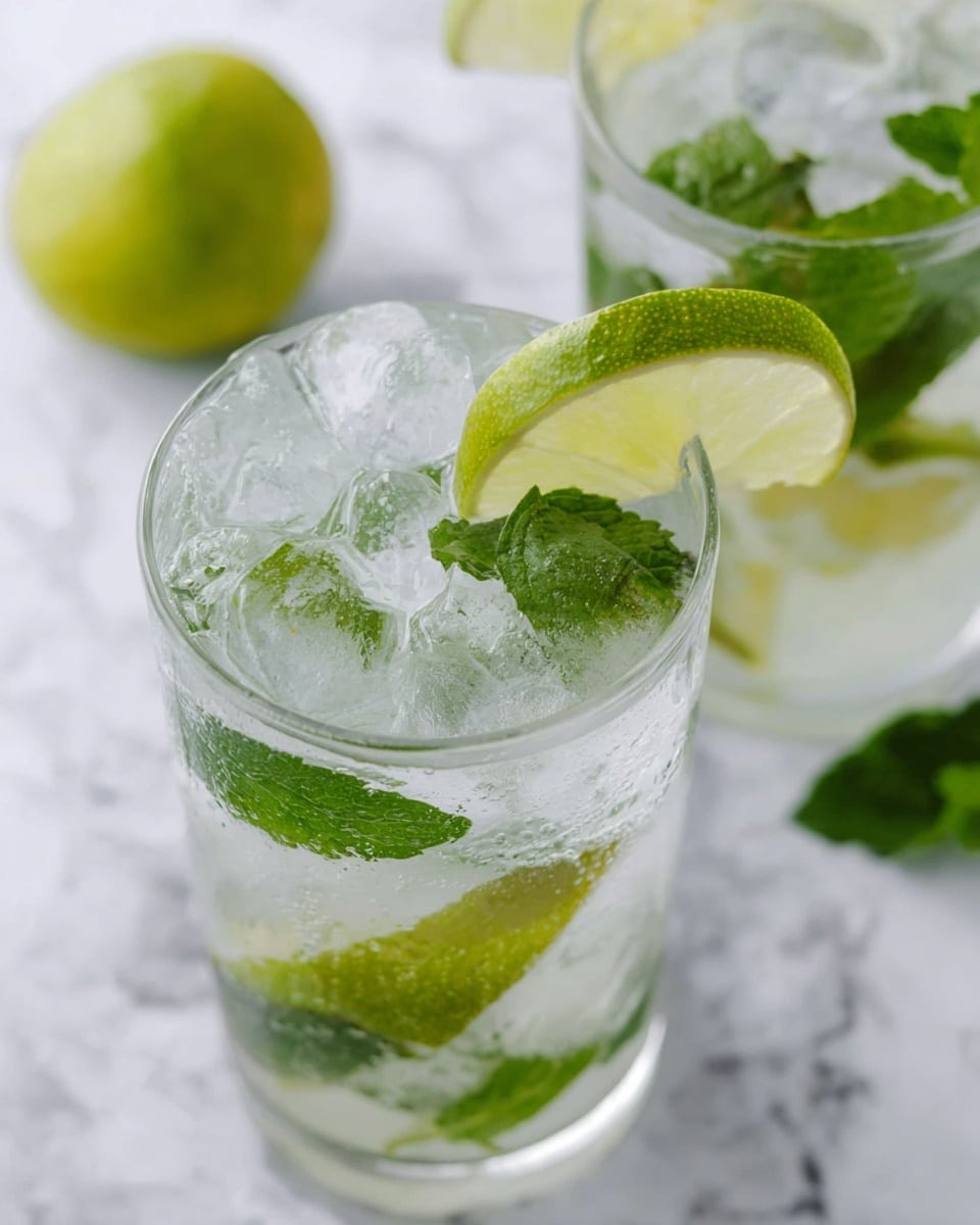 A clear glass filled with multiple ice cubes takes the main focus, with bright green mint leaves and thin lime slices mixed inside the glass. One lime slice rests on the glass rim, showing its light green peel and pale green flesh. Another similar glass is slightly blurred in the background to the upper right, also containing ice, mint, and lime. In the top left corner, half a lime with a pale yellow-green color sits on a white marbled surface, which serves as the base for the glasses. photo taken with an iphone --ar 4:5 --v 7