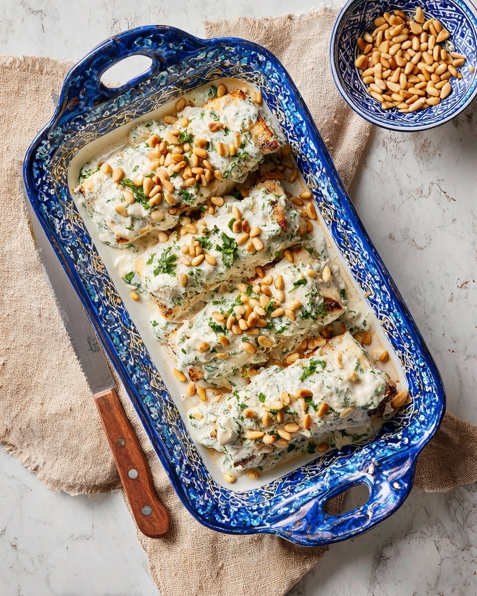 The image shows a rectangular white tray with blue patterns and handles, holding four pieces of grilled fish. Each fish piece is covered with a thick creamy white sauce mixed with green herbs, giving it a speckled texture. On top, there are scattered golden brown pine nuts adding a crunchy texture and warm color contrast. The tray is placed on a white marbled surface, next to a beige cloth and a small blue patterned bowl filled with extra pine nuts. A knife with a wooden handle is placed alongside the tray. photo taken with an iphone --ar 4:5 --v 7