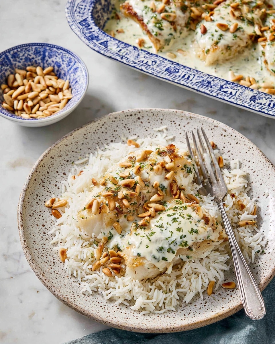 A white speckled plate holds a dish with two layers: the bottom layer is white cooked rice with soft, separated grains, and the top layer is a piece of browned fish covered with a thick, creamy white sauce speckled with green herbs. Toasted golden pine nuts are scattered on top of the sauce and rice. A silver fork rests on the right side of the plate. In the background, a white dish with a blue pattern contains more fish pieces covered by the same sauce and sprinkled with pine nuts. A small white bowl with a blue pattern holds more pine nuts. The surface is a white marbled texture. photo taken with an iphone --ar 4:5 --v 7