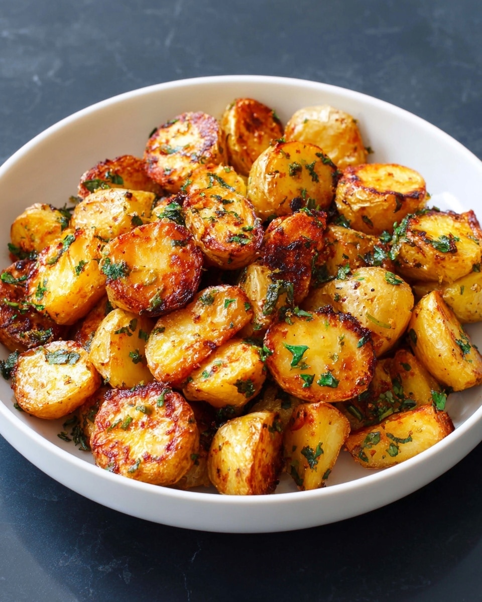 The image shows a white bowl filled with golden brown roasted potatoes, each piece cut into thick, uneven rounds and chunks. The potatoes have a crispy, slightly charred texture on the edges with a soft inside, and are generously coated with small bits of chopped green herbs scattered all over. The bowl sits on a surface with a white marbled texture, giving a clean and bright look. The colors mainly include warm shades of orange, yellow, and brown from the potatoes, mixed with the fresh green from the herbs. photo taken with an iphone --ar 4:5 --v 7