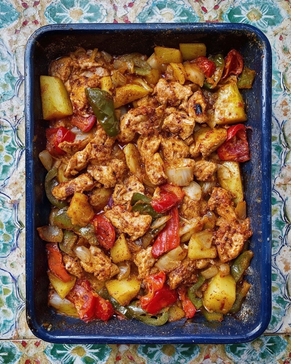 A close-up view of a blue speckled roasting pan filled with a baked dish featuring multiple layers of cooked vegetables and pieces of browned chicken on top. At the bottom, slices of red onion, red and green bell peppers, and squarish yellow potatoes create a colorful, slightly glossy base with a mix of soft textures. The upper layer shows tender, golden-brown chicken pieces scattered unevenly, some with visible grill marks and a slightly crispy surface. The whole pan rests on a white marbled textured surface partially covered with a patterned cloth in shades of blue and gray. photo taken with an iphone --ar 4:5 --v 7