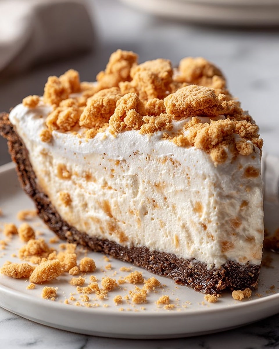 The image shows a close-up slice of pie on a white plate with another white plate underneath it, placed on a white marbled surface. The pie has three clear layers: a crumbly, textured light brown crust at the bottom; a thick, smooth, darker brown filling in the middle; and a generous, fluffy white topping covered with small crumbled pieces that add texture on top. In the background, the rest of the pie is visible in a clear glass pie dish, with a soft focus, also sitting on the white marbled surface. Photo taken with an iphone --ar 4:5 --v 7