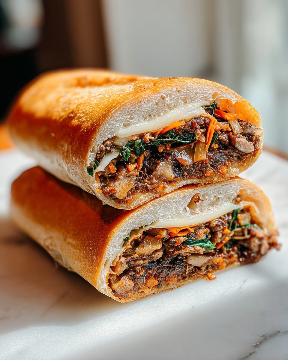 A sandwich cut in half and stacked, showing three clear layers inside a soft, golden-brown baguette. The first layer at the bottom is a dark grilled meat with a slightly crispy texture, mixed with small bits of cooked orange vegetables. Above this, there is a layer of melted white cheese that slightly stretches between the halves. The top layer contains bright green leafy vegetables and more cooked orange bits, adding color contrast. The sandwich sits on a white marbled surface with soft, natural light highlighting its textures and colors. Photo taken with an iphone --ar 4:5 --v 7