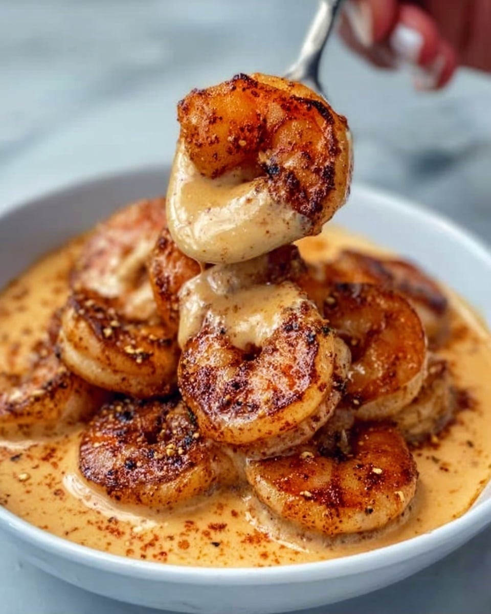 The image shows a white bowl filled with several browned, grilled shrimp stacked on top of each other, covered in a creamy, light orange sauce with spices sprinkled on it. A woman's hand holds a spoon lifting one shrimp coated in sauce, highlighting its texture and color with a slightly crispy surface. The background is a white marbled texture. photo taken with an iphone --ar 4:5 --v 7