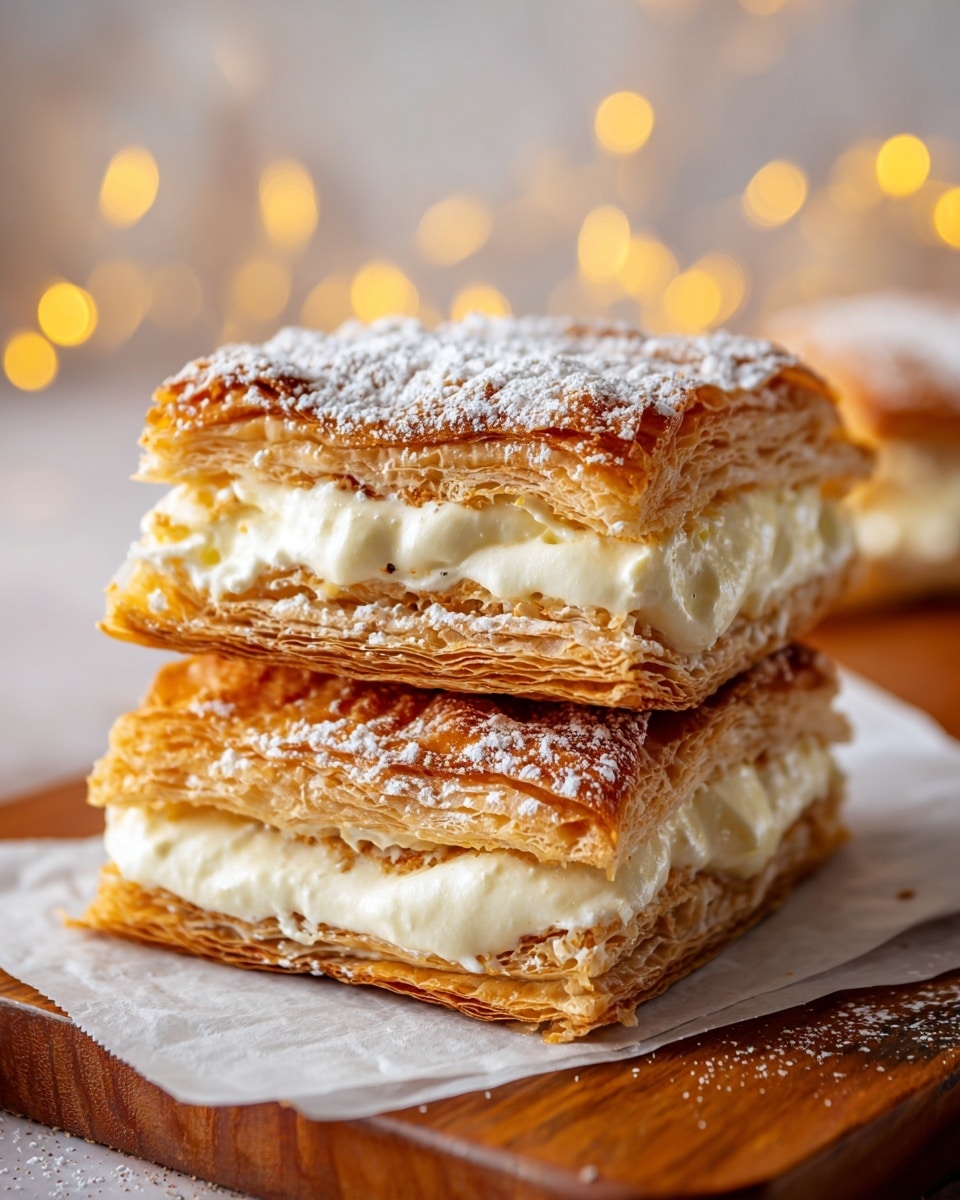 A close-up of three stacked rectangular puff pastry layers with a golden-brown caramelized top layer sprinkled with powdered sugar, each separated by a thick white creamy filling. The flaky pastry layers show a crisp texture with visible light brown edges and the creamy filling is smooth and slightly spreads out between the layers. The stack is placed on a piece of white parchment paper on a wooden surface with warm blurred yellow lights in the background, all set on a white marbled texture. photo taken with an iphone --ar 4:5 --v 7