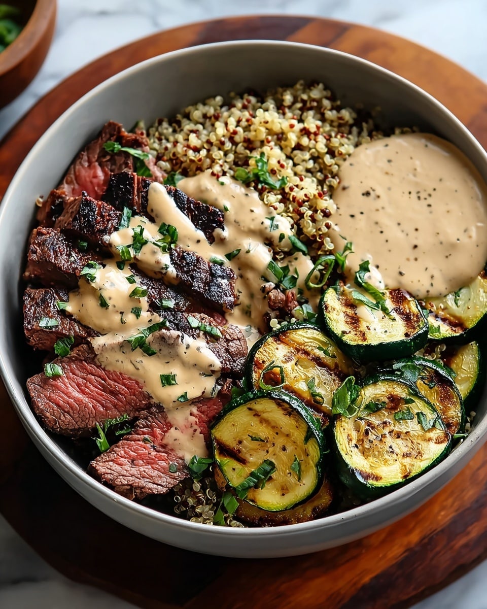 The image shows a white oval plate filled with a layered dish of sliced grilled zucchini and cherry tomatoes as the base, topped with medium-rare slices of beef arranged across the vegetables. The beef is sprinkled with green herbs for added color and texture, making the dish look fresh and vibrant. A woman's hand is seen holding a fork near the plate, ready to eat. The plate is placed on a white marbled surface, and there is a dark textured cloth nearby. Photo taken with an iphone --ar 4:5 --v 7
