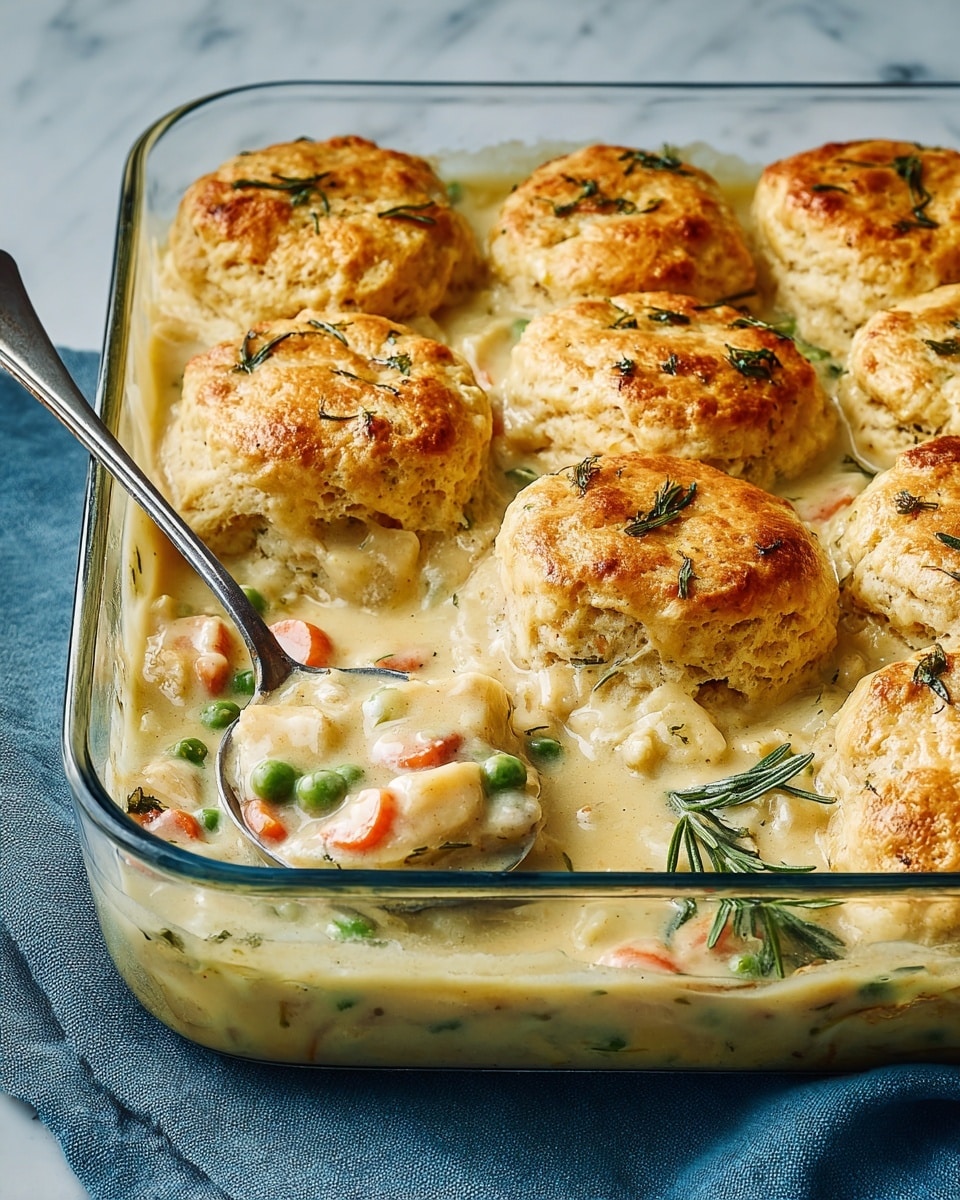 A clear glass baking dish filled with a creamy chicken and vegetable stew base, showing visible chunks of white chicken, green peas, orange carrots, and bits of herbs in a thick, pale yellow sauce. Seven golden-brown biscuit tops, each lightly crispy with a rough texture and small green herb flakes, sit evenly spaced on top of the stew, slightly puffed and layered about two fingers high. A silver spoon inside the dish scoops into the stew near the front right corner, revealing the thick filling beneath one biscuit. Small sprigs of fresh green rosemary garnish some biscuits. The dish is set on a soft blue cloth, all placed on a white marbled texture surface. photo taken with an iphone --ar 4:5 --v 7