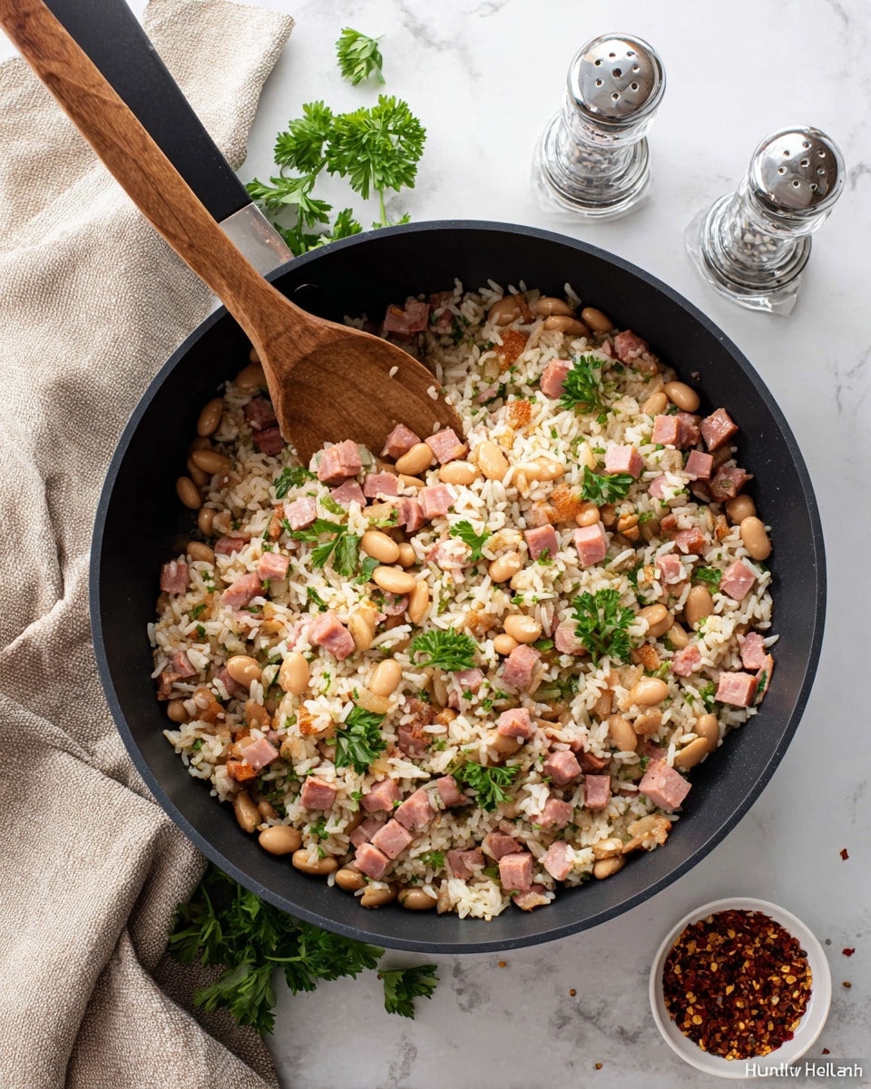 A black pan holds a dish made of three main layers: a base of white rice with a soft and slightly fluffy texture, mixed evenly with light brown beans that add a smooth, round shape, and topped with small pink cubes of cooked ham scattered throughout. Fresh green parsley leaves are placed on top, adding a pop of color and a fresh look. A wooden spoon rests inside the pan, stirring the mixture. The pan sits on a white marbled surface with a beige cloth nearby, a small white bowl with red chili flakes, and two clear glass pepper and salt grinders in the background. Photo taken with an iphone --ar 4:5 --v 7