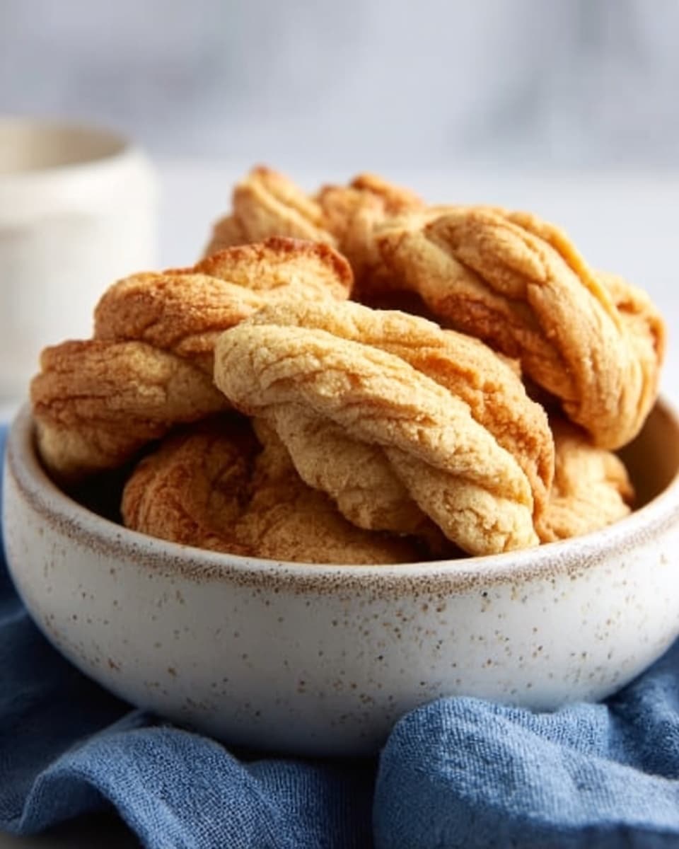 A white speckled bowl filled with several golden brown twisted cookies or pastries that have a rough, ridged texture and slightly cracked tops. The bowl is placed on a folded blue cloth on a white marbled surface, with a blurred white and beige background. The cookies look crispy and layered, stacked loosely inside the bowl. Photo taken with an iphone --ar 4:5 --v 7