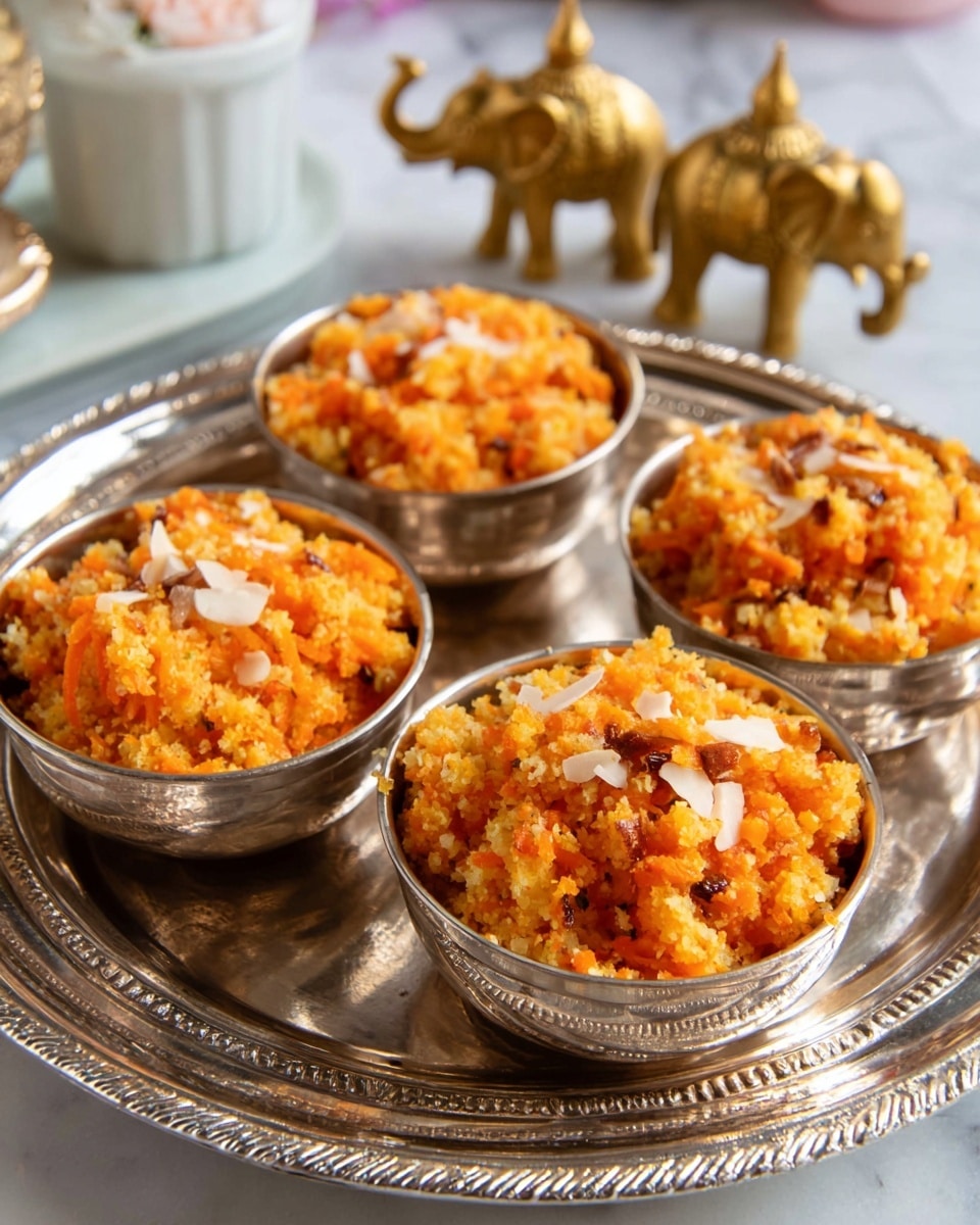 The image shows four small silver bowls, each filled with a bright orange, crumbly dish that has a slightly coarse texture. The dish has visible bits of grated carrot, golden raisins, and small white slivers, likely nuts or coconut, mixed throughout. The bowls are placed on a larger silver tray with intricate edges, all set on a white marbled surface. In the background, there are small golden elephant figurines and a white cup, adding a decorative touch. Photo taken with an iphone --ar 4:5 --v 7