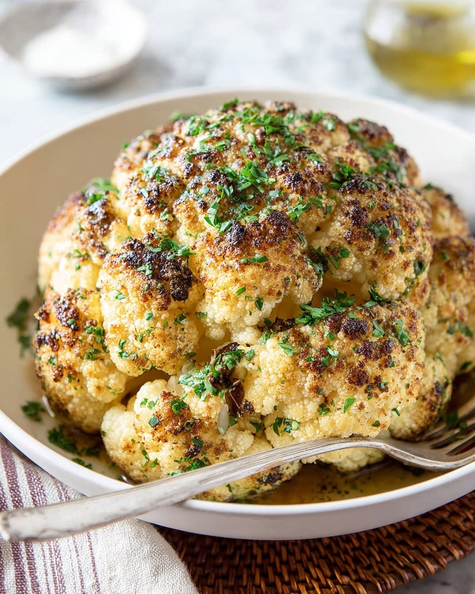 A whole roasted cauliflower sits in a deep white bowl, showing a rough texture with golden-brown and slightly darkened edges from roasting. The cauliflower is topped and speckled with finely chopped green herbs, adding a fresh pop of color. The florets are compact, and the cauliflower head retains its natural cream color beneath the roasted surface. A shiny silver serving fork rests inside the bowl on the right side. The bowl itself is placed on a woven rattan coaster, and the background features a white marbled texture under soft lighting. photo taken with an iphone --ar 4:5 --v 7