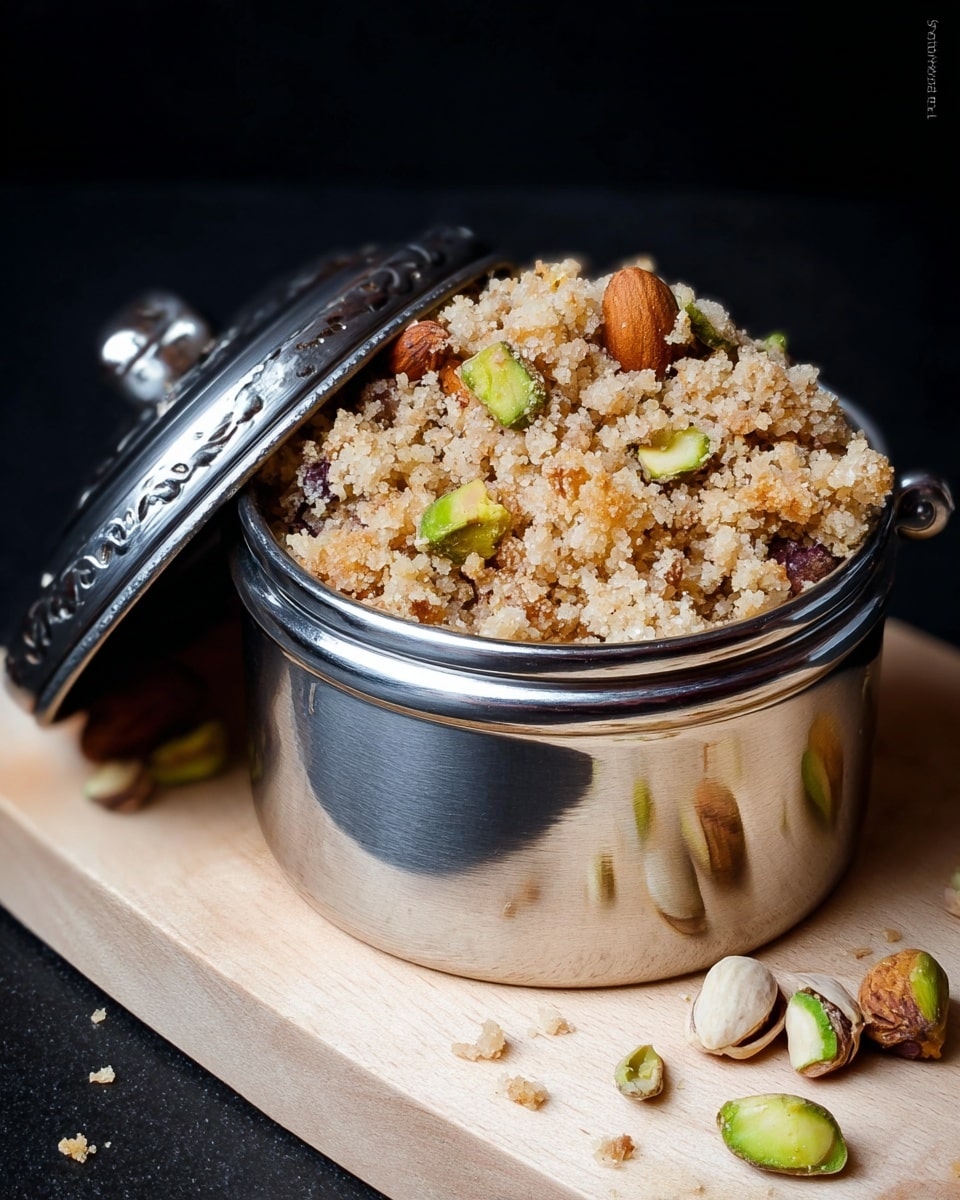A small metal container with a shiny silver lid is partially open, showing a heap of light brown crumbly mixture inside. The crumbly mixture has pieces of nuts such as whole almonds and green pistachios scattered throughout, adding hints of smooth brown, white, and green colors. The container sits on a light wooden surface, with a few scattered pistachios nearby. The background is black, making the silver container and its contents stand out clearly. photo taken with an iphone --ar 4:5 --v 7