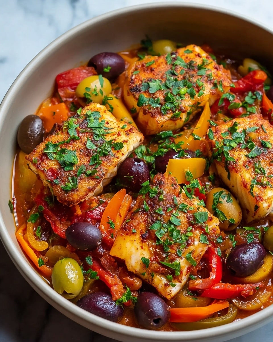 A deep white bowl filled with a colorful stew showing four thick pieces of golden-brown grilled fish on top, sprinkled with chopped green herbs. The base layer consists of a medley of cooked vegetables including sliced red and yellow bell peppers, orange carrot slices, and chunks of tomato. Mixed in are whole green and purple olives, adding pops of color. The dish has a shiny, slightly oily texture from the cooked vegetables and sauce, with the fish pieces positioned evenly across the bowl. The bowl is set on a white marbled surface. photo taken with an iphone --ar 4:5 --v 7