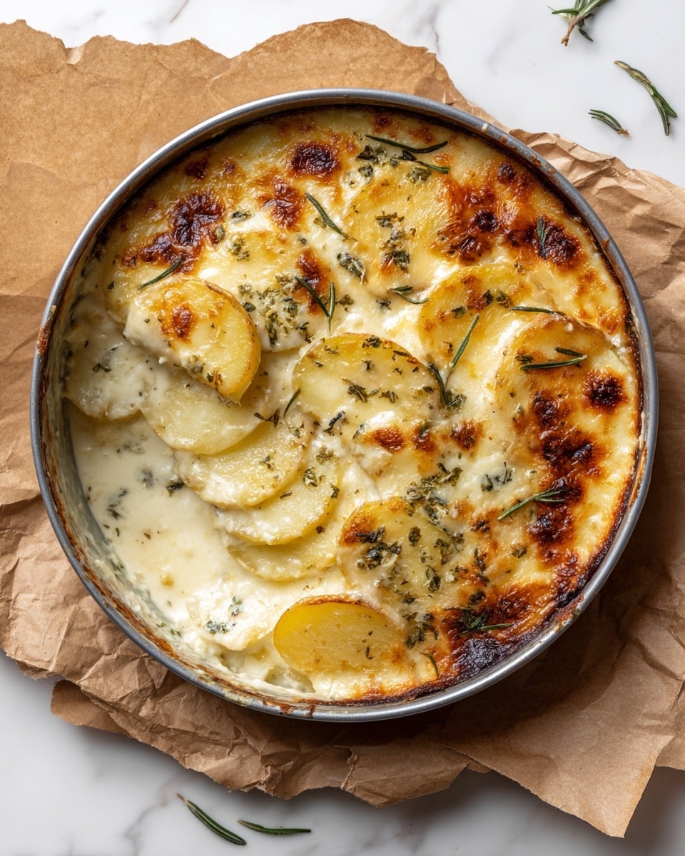 The image shows a round metal baking dish containing a baked dish with two visible layers. The top layer is a golden-brown melted cheese with some darker browned spots and scattered green herbs on top. Below the cheese layer, thin slices of yellow potatoes are partially visible, soaked in a creamy sauce. The inside of the dish looks soft and slightly moist, while the edges of the dish are browned and crispy. The dish is placed on a white marbled surface with some brown crumpled paper around it. Photo taken with an iphone --ar 4:5 --v 7
