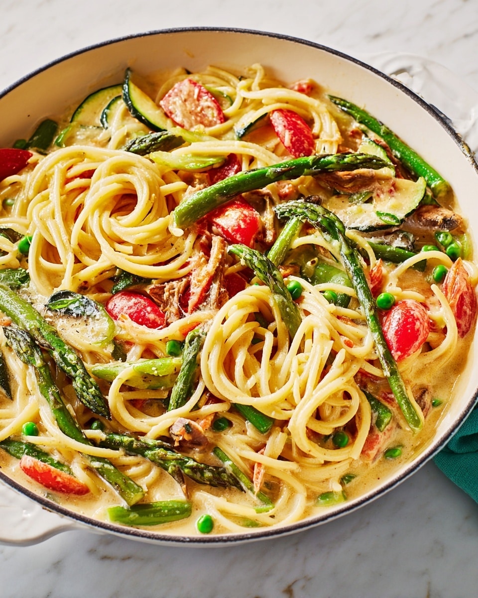 This close-up image shows a pasta dish with three main visible layers: a base of light yellow spaghetti noodles twisted in loops, a creamy beige sauce coating the pasta, and mixed vegetables scattered throughout. The vegetables include bright green asparagus pieces, dark green zucchini slices with white interiors, halved red cherry tomatoes, small green peas, and some faint red bell pepper chunks, all adding vivid color contrast and varied texture. The dish looks rich, creamy, and fresh, set against a white marbled background. Photo taken with an iphone --ar 4:5 --v 7
