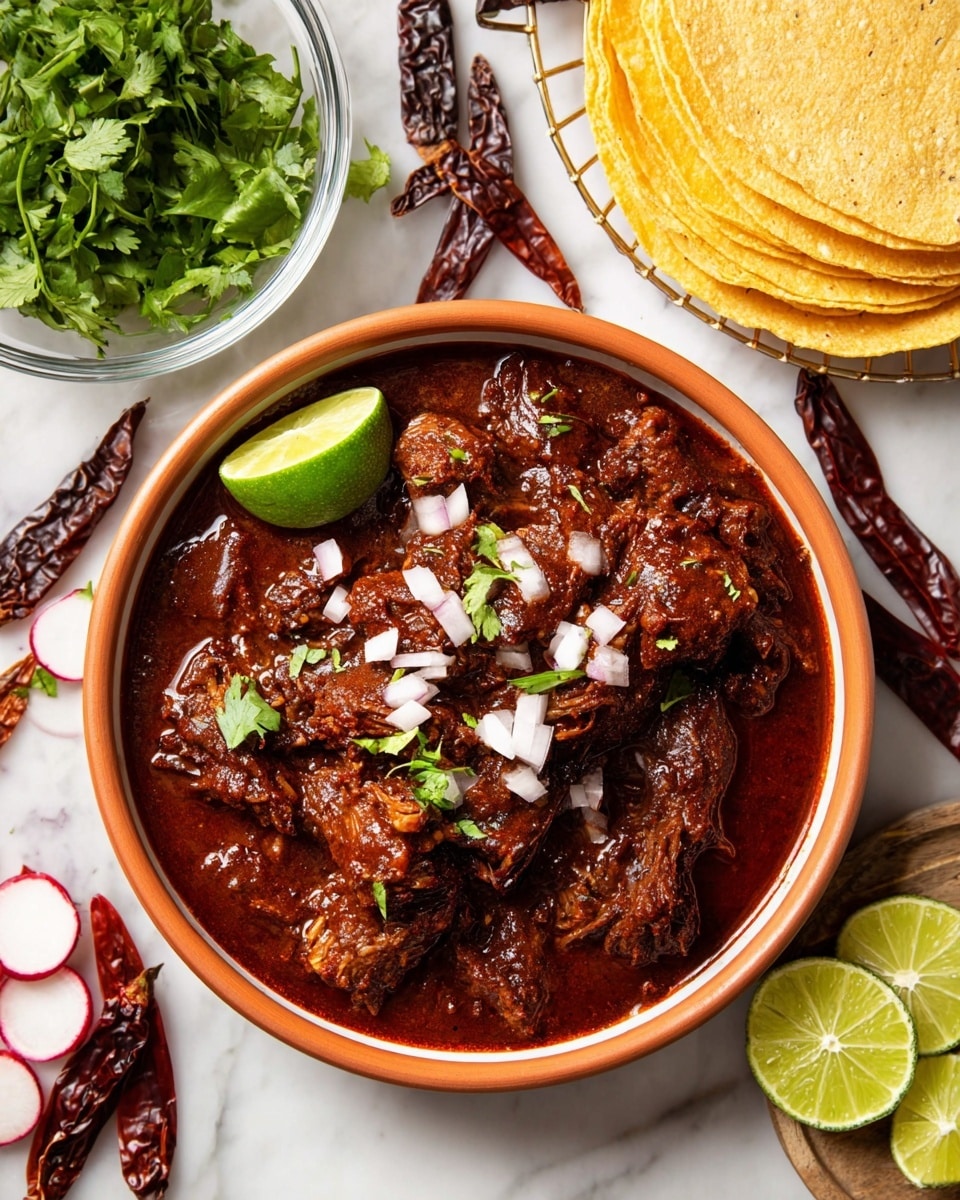 A deep white bowl filled with dark reddish-brown stewed meat covered in a thick sauce, topped with small pieces of white chopped onion and green cilantro leaves. A bright green lime wedge rests on the left side inside the bowl. Around the bowl, on a white marbled surface, there is a clear glass bowl with fresh green cilantro, a stack of light yellow corn tortillas on a metal rack, dried red and dark brown chili peppers, and a white plate holding thinly sliced radishes and extra lime wedges. Photo taken with an iphone --ar 4:5 --v 7