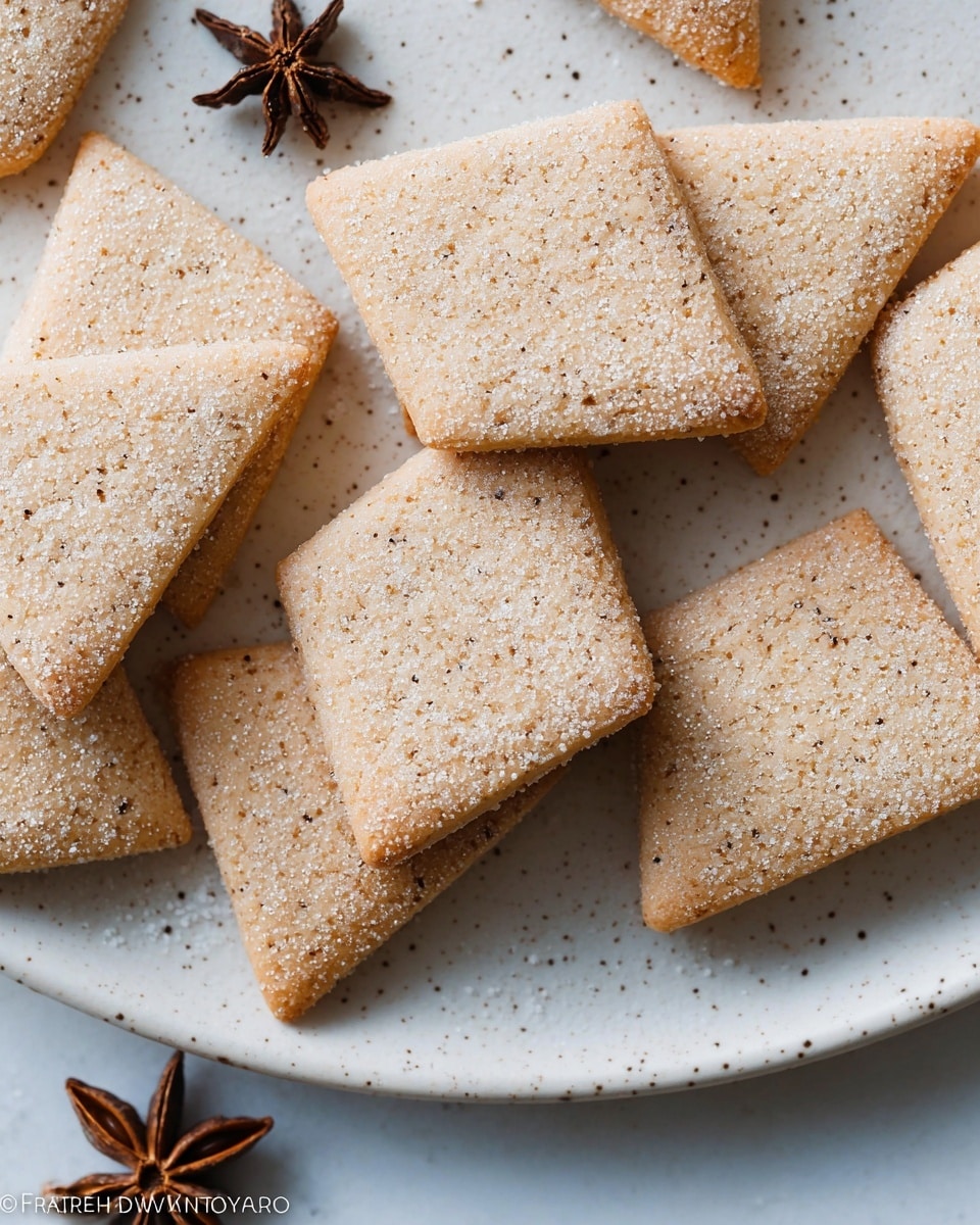 The image shows several diamond-shaped cookies, all light brown with a soft, crumbly texture. Each cookie is lightly dusted with fine white sugar that gives a frosted look. The cookies are evenly spaced on a white plate with small, subtle dark speckles. There is a star anise placed near the edge of the plate, adding a dark brown contrast. The setting is on a smooth white marbled surface, and the cookies appear to be freshly baked with slightly rounded edges. Photo taken with an iphone --ar 4:5 --v 7