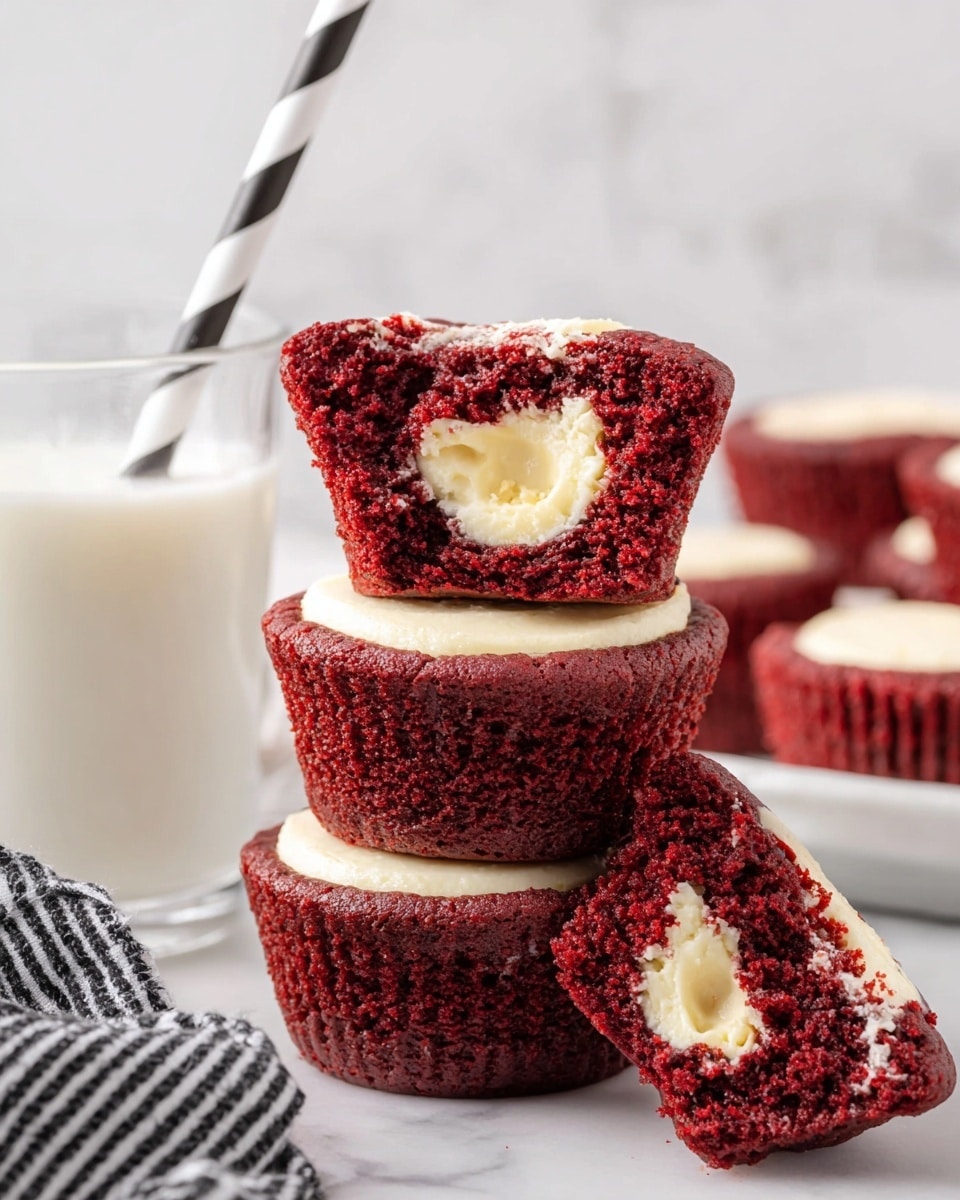 A stack of four red velvet cupcakes is shown on a white marbled surface, three whole cupcakes with a smooth, creamy white cheesecake layer on top, and the top cupcake is cut in half to show the thick, moist red cake surrounding a creamy white filling in the center. To the left, there is a clear glass of milk with a black and white zig-zag striped straw, and a black and white striped cloth is partly visible in the bottom left corner. In the background, more cupcakes are blurred but visible on the white marbled surface. photo taken with an iphone --ar 4:5 --v 7