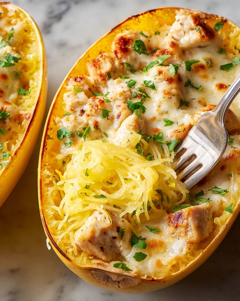 The image shows a close-up of two halves of a spaghetti squash filled with layers. The bottom layer is bright yellow spaghetti squash strands with a soft texture. On top there are chunks of cooked, light brown chicken pieces scattered unevenly. Above the chicken is a creamy, melted layer of golden brown cheese with some browned spots. Fresh green parsley pieces are sprinkled over the cheese for color contrast. A silver fork is partially inside the squash, lifting some squash strands. The dish is set on a white marbled surface. photo taken with an iphone --ar 4:5 --v 7