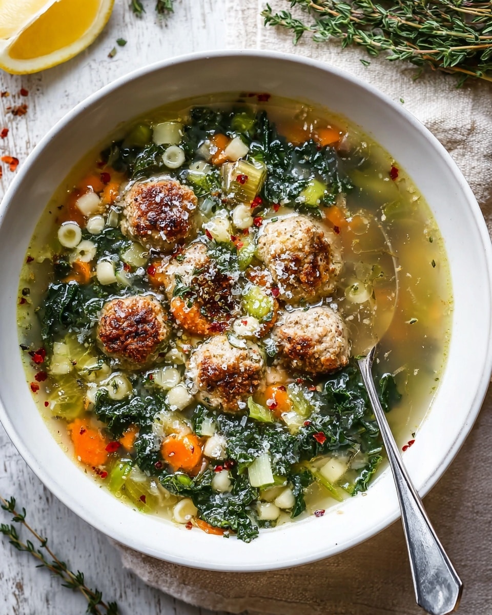 A white bowl is filled with clear broth soup containing small, browned meatballs on top. Inside the soup, there are visible layers of bright green kale leaves, diced orange carrots, pale green celery pieces, and small pearl-like pasta. The soup is sprinkled with white grated cheese and tiny red chili flakes scattered across the surface, adding texture and color contrast. A silver spoon is resting at the edge of the bowl, partially submerged in the soup. The bowl sits on a white marbled texture with sprigs of fresh thyme and a wedge of lemon in the background. Photo taken with an iphone --ar 4:5 --v 7