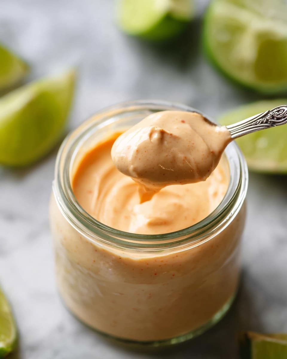 A close-up of a small glass jar filled with a creamy, thick sauce that has a light orange color with subtle darker specks. A silver spoon with an ornate handle is dipped into the sauce, lifting a dollop that shows the smooth, slightly whipped texture. In the background, there are blurred green lime wedges adding a fresh touch. The whole scene is set on a white marbled surface. photo taken with an iphone --ar 4:5 --v 7
