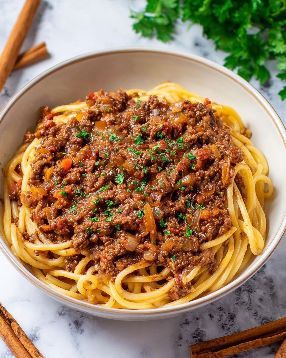 A deep white bowl filled with a single layer of thick, yellow spaghetti noodles topped generously with a rich, chunky brown meat sauce mixed with bits of orange and red vegetables, likely carrots and tomatoes, and small chopped onions visible throughout. The sauce is thick and clings well to the noodles, sprinkled lightly with finely chopped green parsley for freshness. The bowl sits on a white marbled surface with a few cinnamon sticks and fresh green parsley scattered nearby, creating a warm, homey feel. Photo taken with an iphone --ar 4:5 --v 7