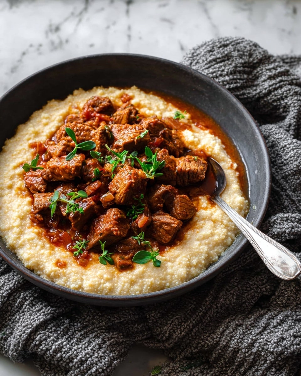 The image shows a bowl of creamy beige porridge forming the bottom layer with a thick, smooth texture and some small lumps. On top of the porridge, there is a heap of rich reddish-brown stew with tender chunks of meat, bits of translucent cooked onions, and a glossy sauce that spreads slightly into the porridge. Small green herb leaves are scattered over the stew, adding a touch of color. The food is served in a dark gray bowl on a white marbled surface. A silver spoon rests inside the bowl on the right side, with its handle stretching out over a soft gray knitted cloth under the bowl. Photo taken with an iphone --ar 4:5 --v 7