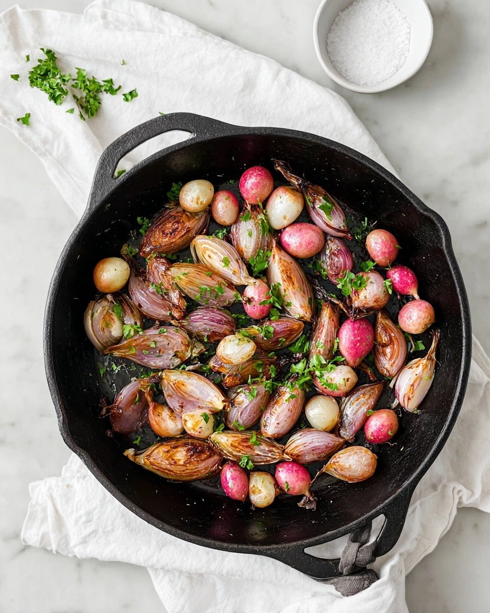 A black cast iron pan contains a single layer of roasted shallots and small radishes in various shapes, ranging from round to elongated. The shallots have a browned, slightly caramelized texture with shades of pink, golden brown, and white. Fresh green parsley pieces are scattered on top, adding small bright green color spots. The pan sits on a white cloth napkin over a white marbled surface, with a small white bowl of coarse salt placed nearby. Photo taken with an iphone --ar 4:5 --v 7