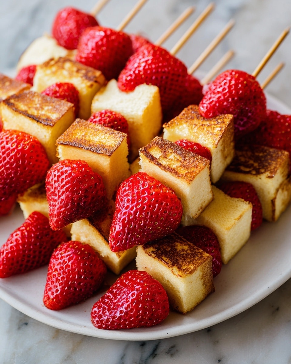 The image shows skewers with two layers: the bottom layer is bright red strawberries with detailed seeds, and the top layer consists of thick squares of golden-brown toasted bread with a soft, light yellow inside. The strawberries and bread pieces are arranged alternately on the wooden sticks. The skewers are placed in a stacked way on a white plate, which rests on a white marbled surface. photo taken with an iphone --ar 4:5 --v 7