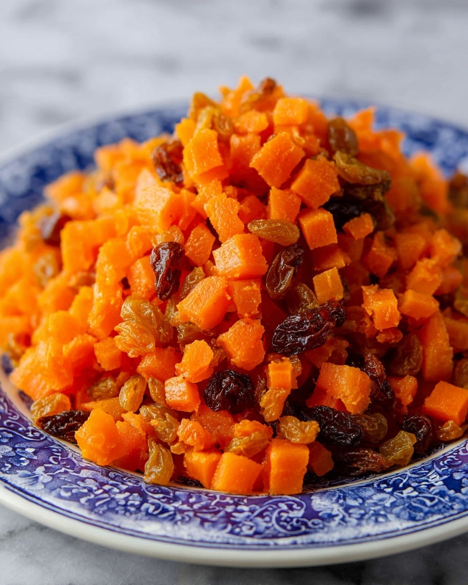 A close-up view of a mound of small orange cubes of cooked carrots mixed evenly with golden brown raisins. The carrots have a soft texture with a slight shine, and the raisins appear plump and moist, scattered throughout the pile. These are placed on a white plate with a blue decorative pattern around the edge. The background is a white marbled texture. Photo taken with an iphone --ar 4:5 --v 7