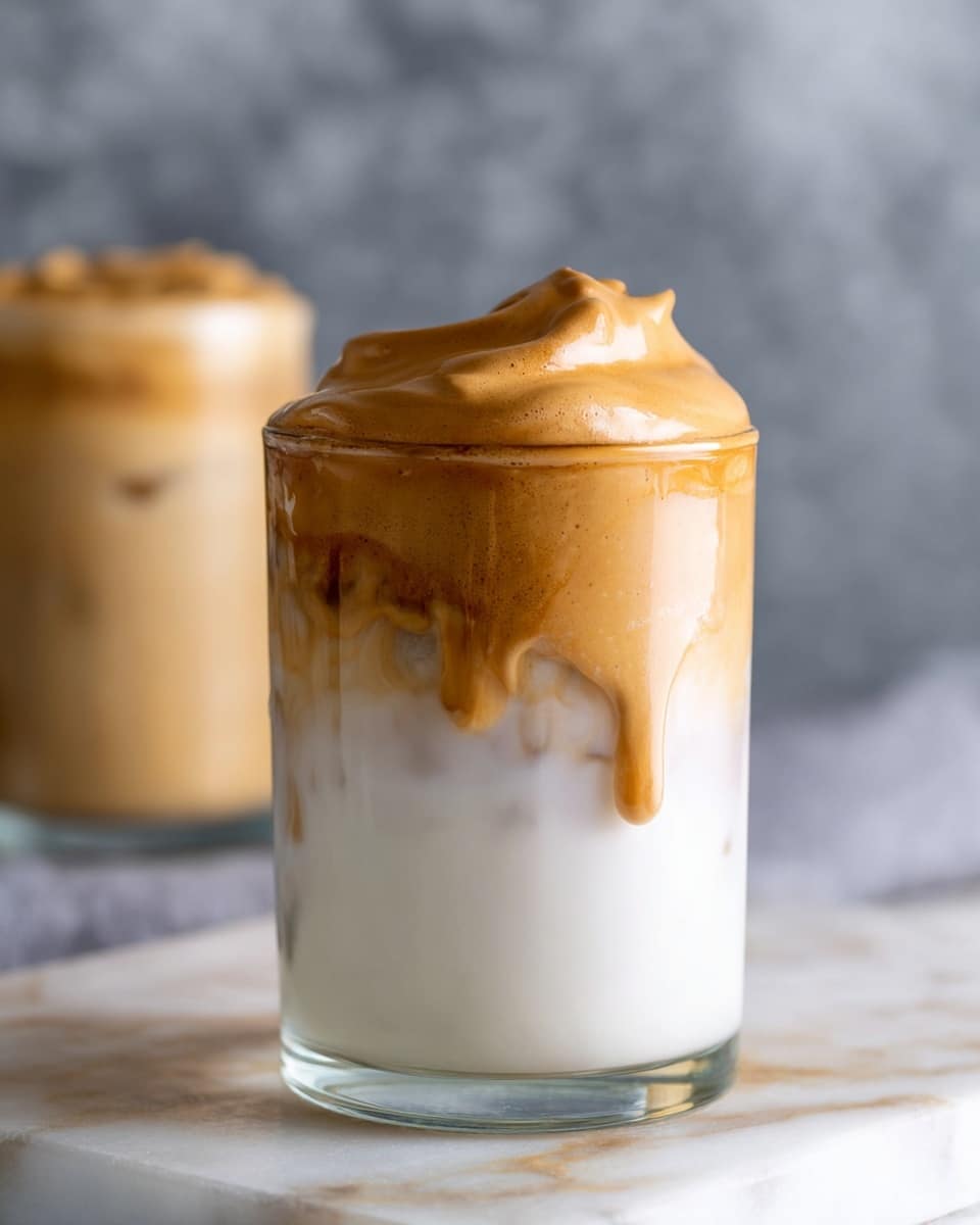 The image shows a glass filled with two clear layers: the bottom layer is a thick, creamy white milk base, while the top layer is a rich, fluffy, light brown coffee foam that sits high above the rim in soft peaks and swirls. The glass is transparent, allowing the layers to show clearly, with the coffee foam slightly dripping down the side, blending gently into the milk below. In the background, there is another glass filled with a similar coffee and milk mix, placed on a white marbled surface with a soft gray, blurred backdrop. Photo taken with an iphone --ar 4:5 --v 7