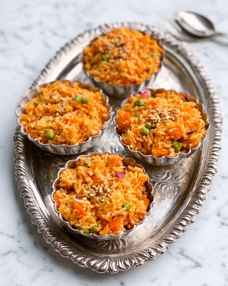 The image shows four small round metal bowls with detailed edges filled with a bright orange dish that looks like a mix of rice and vegetables. The bowls are arranged on a shiny silver tray with oval shape and intricate design. The rice is a mix of orange shades with bits of vegetables like peas and diced carrots visible throughout. Some small seeds or nuts are sprinkled on top of the rice, adding texture. The tray rests on a white marbled surface. Photo taken with an iphone --ar 4:5 --v 7