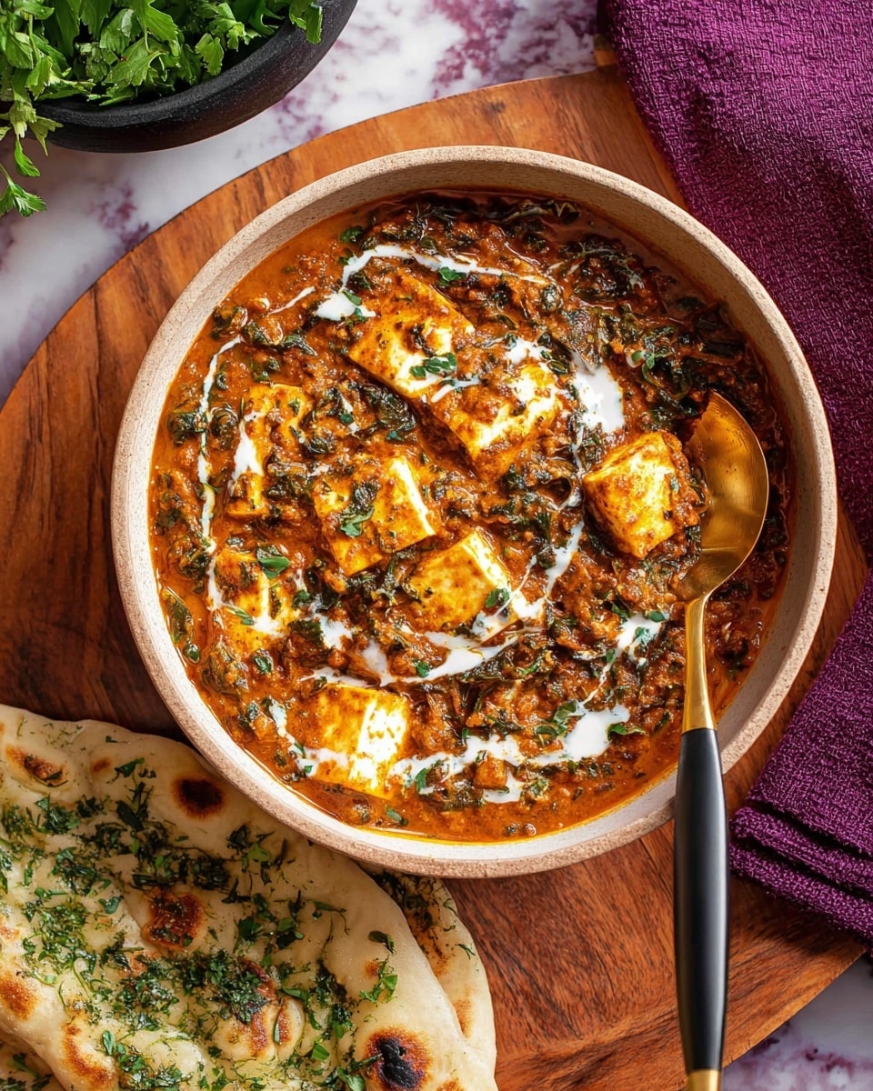 A bowl filled with two main layers, the bottom layer is a thick, reddish-brown curry sauce with chopped green leafy vegetables mixed throughout, topped with large, soft white cubes of paneer cheese scattered evenly. Swirls of creamy white liquid are drizzled on top, adding contrast and shine. A golden spoon with a black handle rests inside the bowl on the right side. The bowl is resting on a round wooden board, and in front of it, there is a piece of flat white naan bread covered with chopped green herbs. The background shows a white marbled texture surface and a dark purple cloth partially visible behind the bowl. A small bunch of fresh green leaves is in a black bowl at the upper left corner. photo taken with an iphone --ar 4:5 --v 7