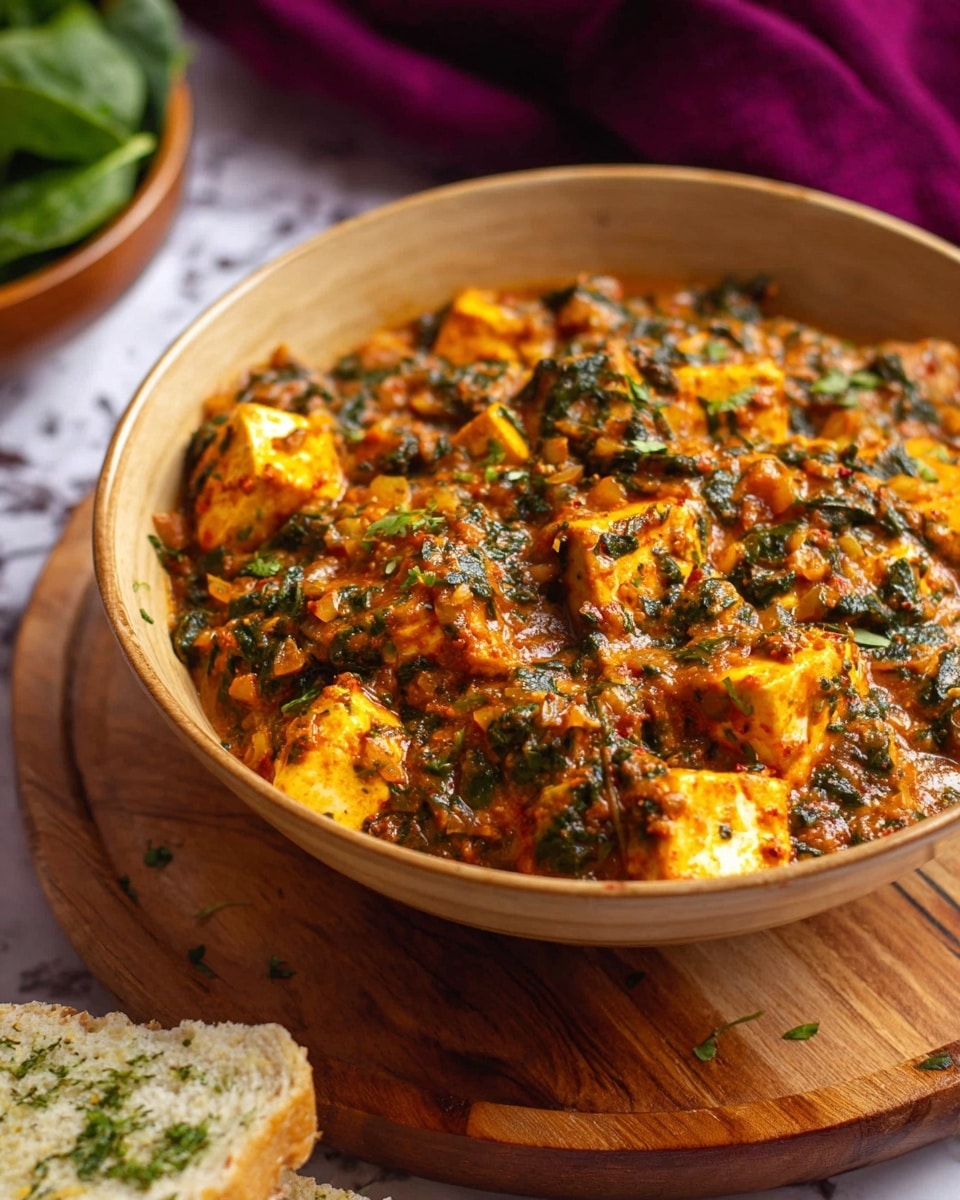 A light brown bowl is filled with a thick curry dish containing medium-sized, soft cubes of paneer cheese mixed with finely chopped dark green spinach leaves, all coated in a rich, orange-brown sauce with visible flecks of spices and herbs. The curry has a textured appearance with bits of onion and tomato. The bowl sits on a round wooden board with a piece of white bread sprinkled with green herbs partially visible at the bottom. The background includes a blurred bowl of fresh dark green spinach and a purple cloth, all placed on a white marbled texture surface. photo taken with an iphone --ar 4:5 --v 7