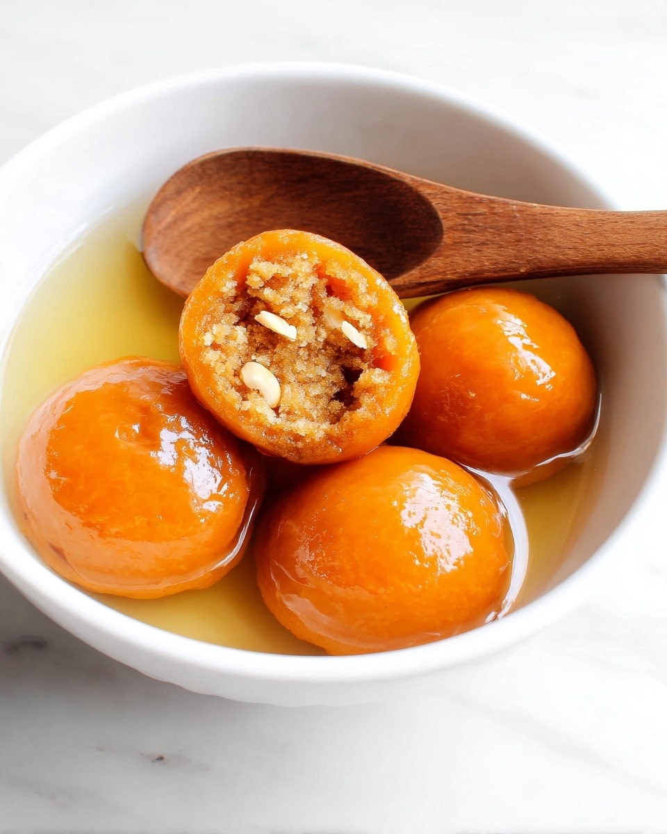 A white bowl contains four round, shiny orange balls soaked in syrup; three whole balls rest in the syrup while one ball, placed on a wooden spoon inside the bowl, is partially cut open to show its filling. The filling inside is soft and crumbly with a light brown color mixed with small nut pieces visible in the center. The syrup creates a glossy layer over each ball, giving them a moist and smooth texture. The background is a white marbled texture. Photo taken with an iphone --ar 4:5 --v 7