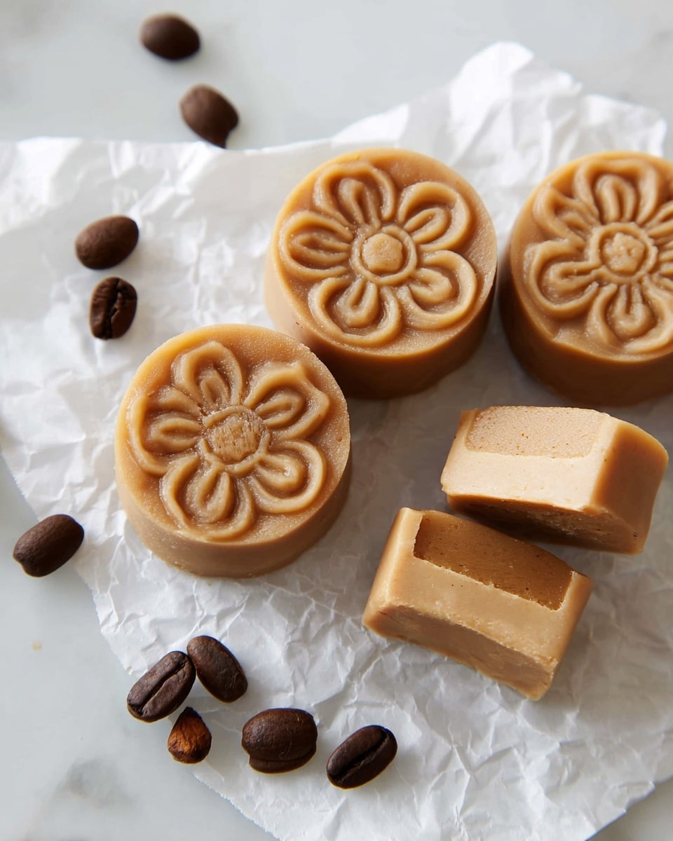The image shows four round coffee-colored sweets with a carved floral pattern on top, placed on crumpled white paper over a white marbled surface. Three of the sweets are whole, with a smooth texture and light brown tone, while one is cut in half and stacked, revealing two thick layers inside, both light caramel-colored and creamy in texture. Scattered around the sweets are several dark brown coffee beans, adding contrast to the scene. The photo taken with an iphone --ar 4:5 --v 7