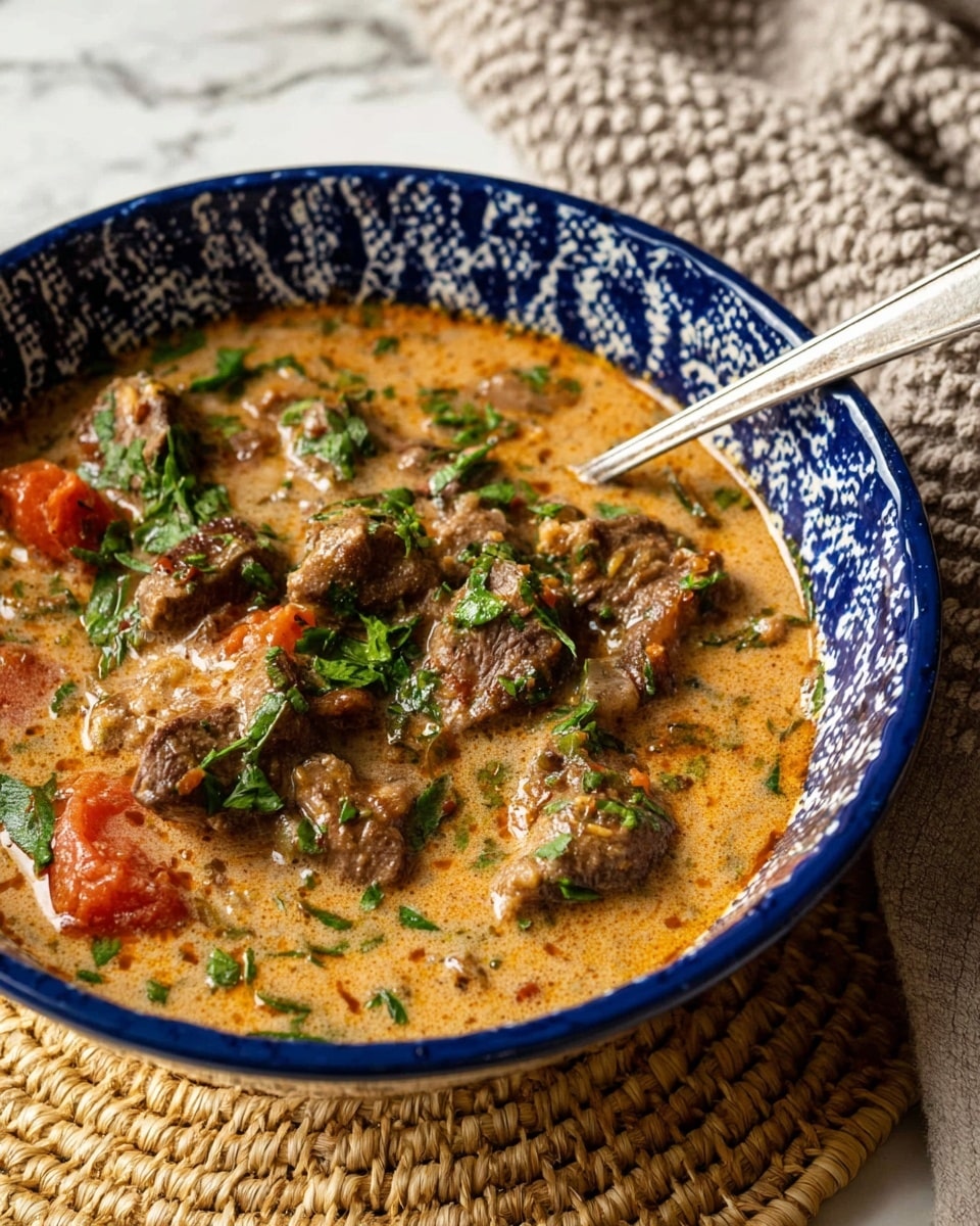 A white bowl with a blue patterned rim holds a thick stew with multiple layers: chunks of browned meat scattered throughout a creamy, light brown sauce with visible seasoning. Bright green fresh herbs are sprinkled on top, adding a fresh contrast, while a few pieces of soft red tomato peek through the sauce. A silver spoon rests inside the bowl, partially immersed in the stew. The bowl sits on a beige woven mat with a soft, gray textured cloth in the background, all placed on a white marbled surface. photo taken with an iphone --ar 4:5 --v 7