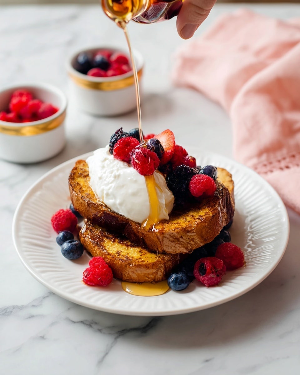 A white plate holds two thick, golden-brown slices of toasted bread stacked unevenly, with the top slice slightly tilted. On top of the bread is a dollop of smooth white cream, partially covered by a cluster of fresh red raspberries and dark blue blueberries, with more berries scattered around the base of the bread on the plate. Golden syrup is being poured over the cream and bread, creating a shiny, sticky layer that drips down the sides and pools slightly at the bottom. In the background, two small white bowls with gold rims hold extra raspberries and blueberries, all set on a white marbled surface with a soft pink cloth to the right. A woman's hand is visible in the top left corner holding a syrup bottle. Photo taken with an iphone --ar 4:5 --v 7