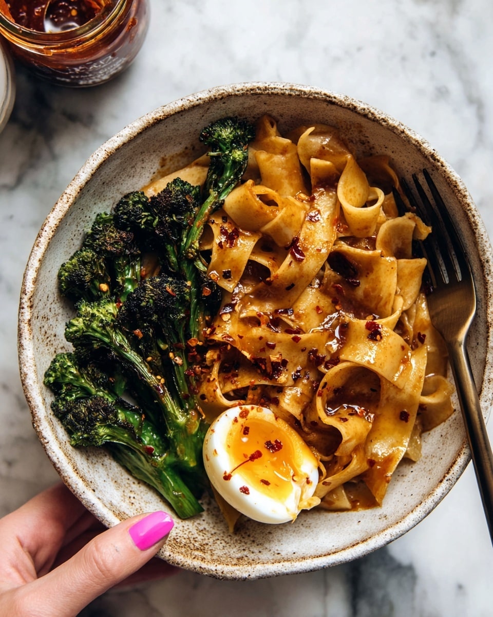 Chili Garlic Pappardelle with Smashed Broccoli and Soft Eggs Recipe