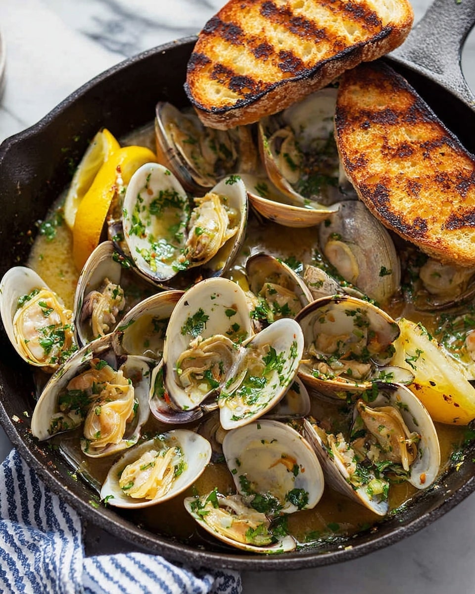 A black skillet is filled with open clams cooked in a light brown garlic butter sauce, garnished with bright green chopped parsley. The clams' shells range from creamy white to light brown, and the clam meat inside is soft and pale. Two golden-brown toasted slices of bread rest on the edge of the skillet, showing charred grill marks. Bright yellow lemon wedges are tucked inside the skillet, adding a touch of color. The skillet sits on a white marbled surface with a blue and white striped cloth nearby. Photo taken with an iphone --ar 4:5 --v 7